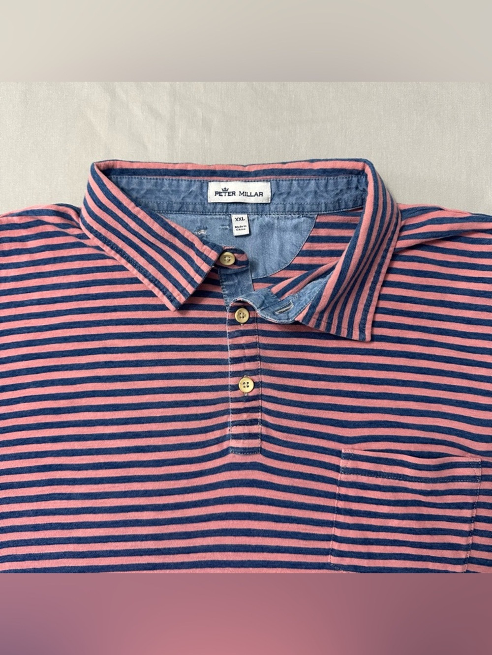 Peter Millar XXL Pink & Blue Striped 100% Cotton Pocket Polo